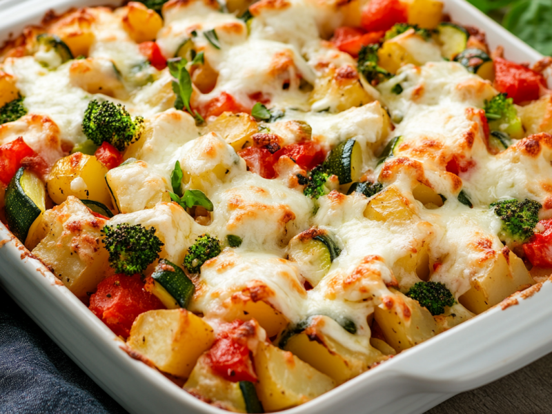 Mediterraner Gemüseauflauf mit Kartoffeln, Zucchini, Brokkoli und Paprika in weißer Auflaufform, Nahaufnahme.