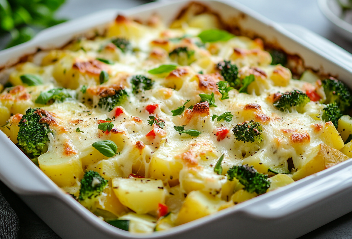 Mediterraner Kartoffelauflauf mit Brokkoli in einer Auflaufform, Nahaufnahme.