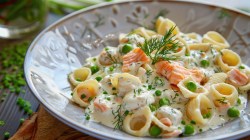 Ein Teller Orecchiette mit Lachs und Erbsen