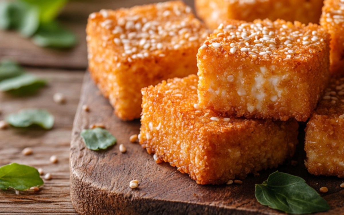 Panierter Feta mit Sesam auf einem Holzbrett.