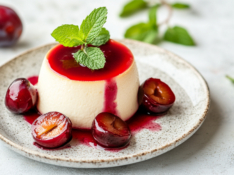 Teller mit Panna Cotta mit Rotweinpflaumen