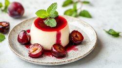 Teller mit Panna Cotta mit Rotweinpflaumen