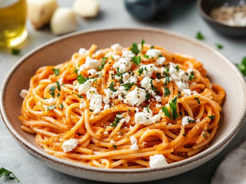 Eine Schüssel Paprika-Pasta mit Feta.