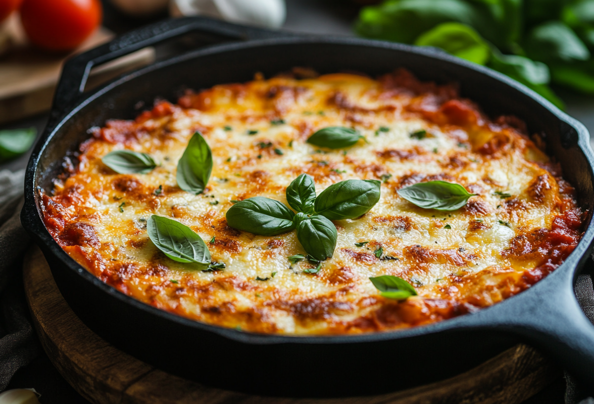 Pfannenlasagne mit Mozzarella in gusseiserner Pfanne, garniert mit frischem Basilikum.