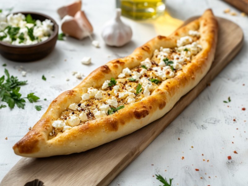 Ein Pide mit Feta auf einem Holzbrett.