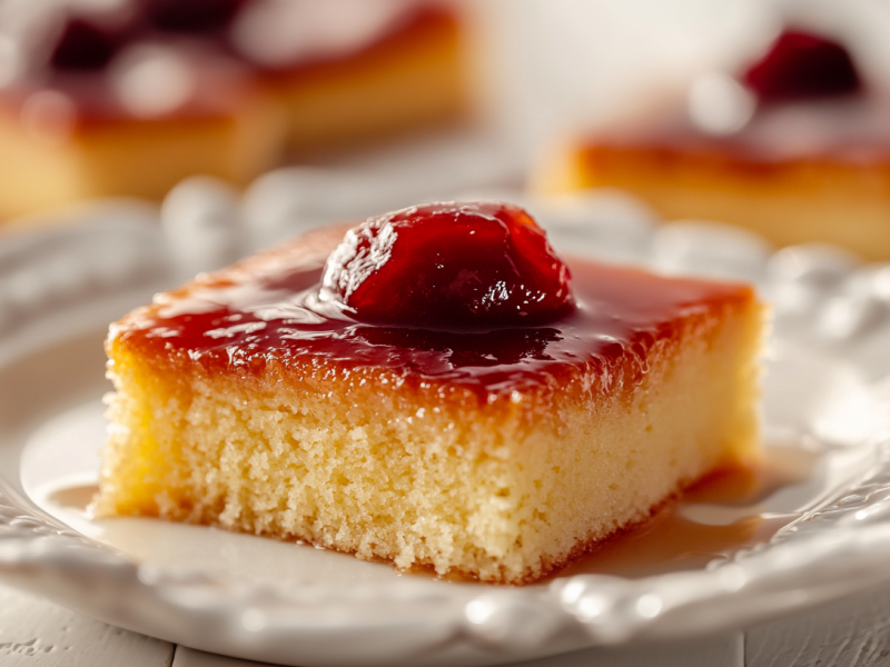 Griechischer Grießkuchen mit Pflaumenkompott auf einem gemusterten Teller.