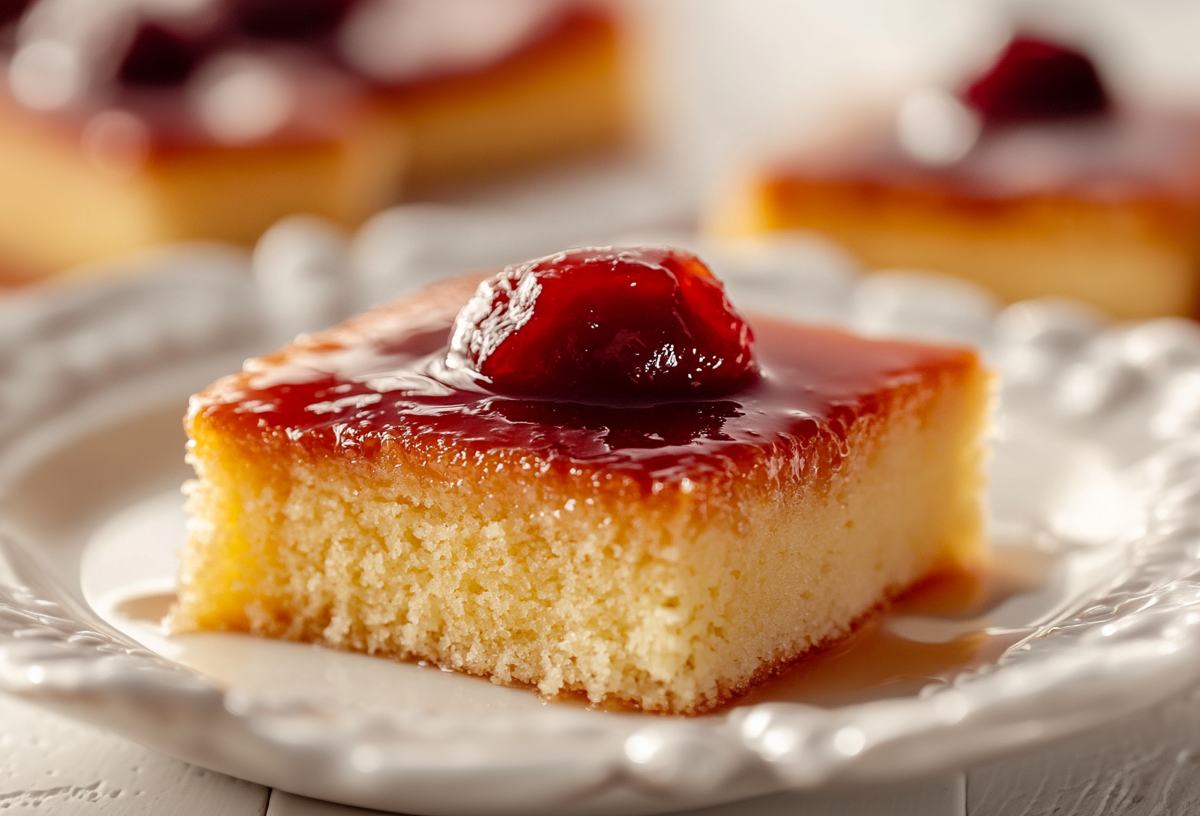 Griechischer GrieÃŸkuchen mit Pflaumenkompott auf einem gemusterten Teller.