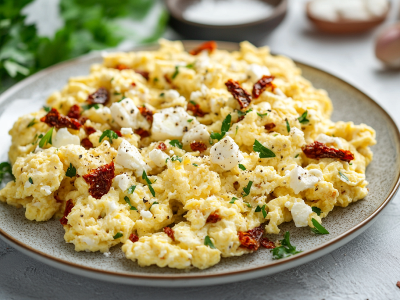 Rührei mit Feta und getrockneten Tomaten auf einem grauen, modernen Teller.