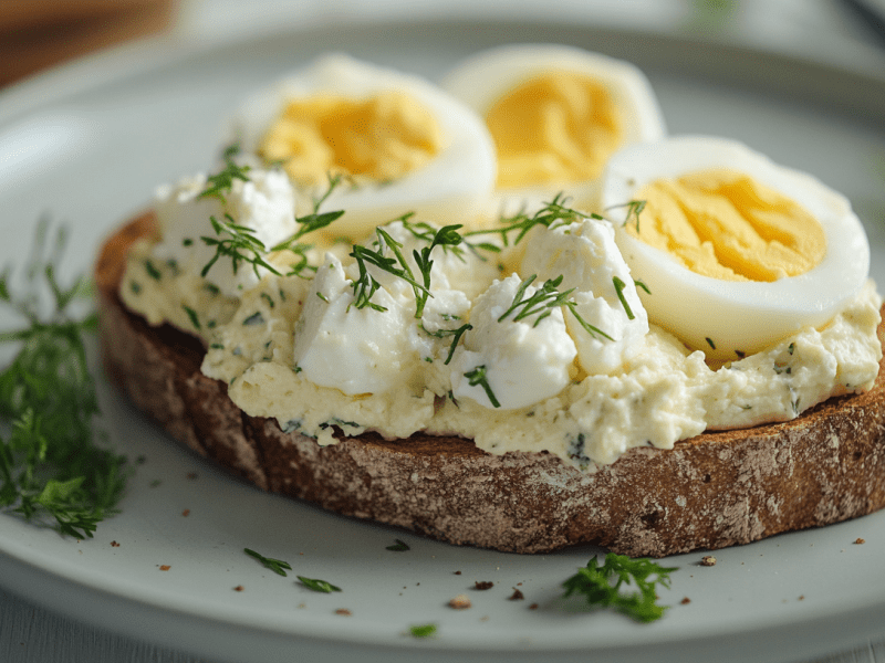 Ein Sandwich mit Ei und Feta-Creme, bestreut mit Dill.