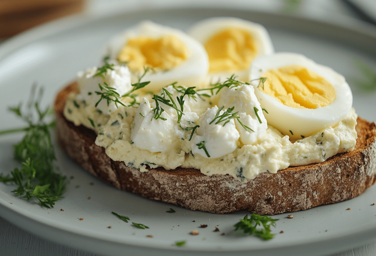 Ein Sandwich mit Ei und Feta-Creme, bestreut mit Dill.