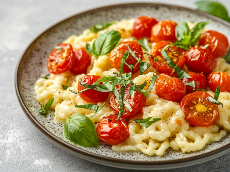 Eine Portion Spätzlepfanne mit Feta und Tomaten, garniert mit ganzem und gehacktem Basilikum, auf einem Teller.