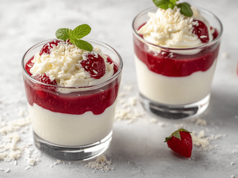 2 Gläser Spaghettieis-Dessert mit Erdbeersoße und geraspelter weißer Schokolade.