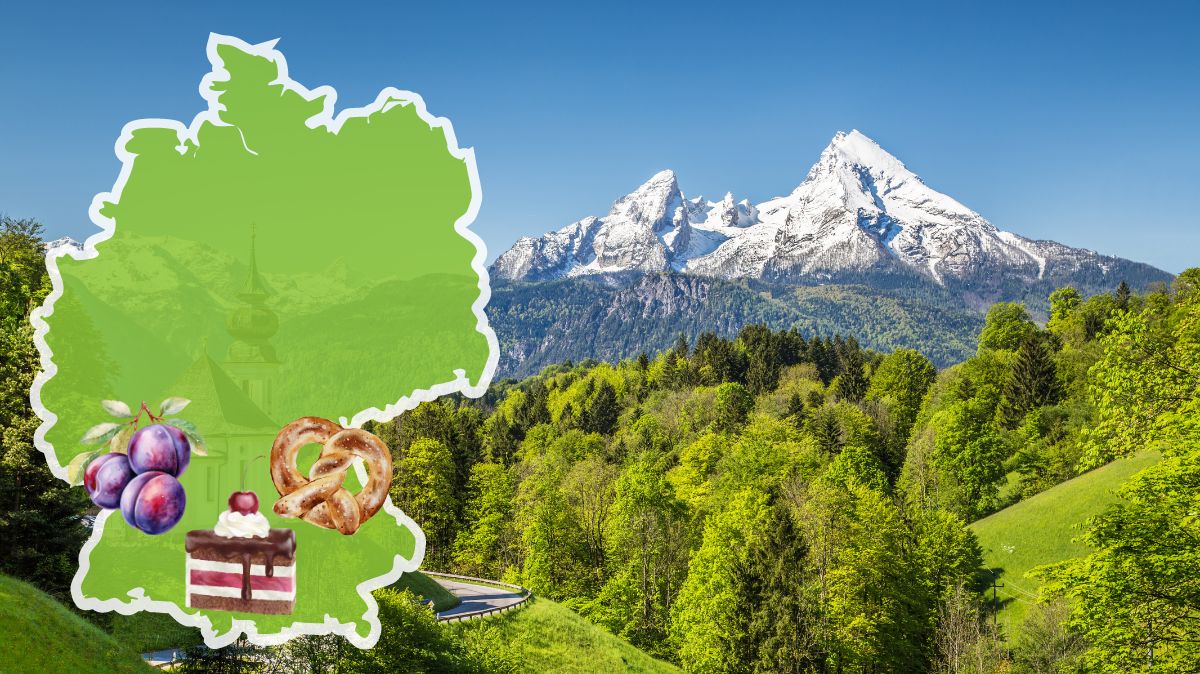 Süddeutsche Küche: Bayrische Alpen, davor eine grüne Deutschlandkarte mit Bilden von Schwarzwälder Kirschtorte, Pflaumen und einer Brezel