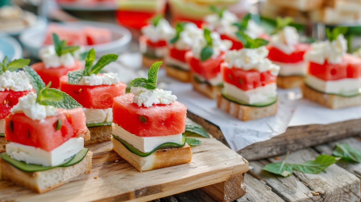 Wassermelonen-Feta-Häppchen auf einem Tisch