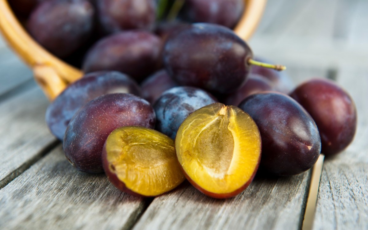 Wie gesund sind Pflaumen: Eine halbierte und mehrere ganze Pflaumen wurden aus einem Korb ausgekippt.