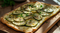 Zucchini-Flammkuchen auf einem Holzbrett.