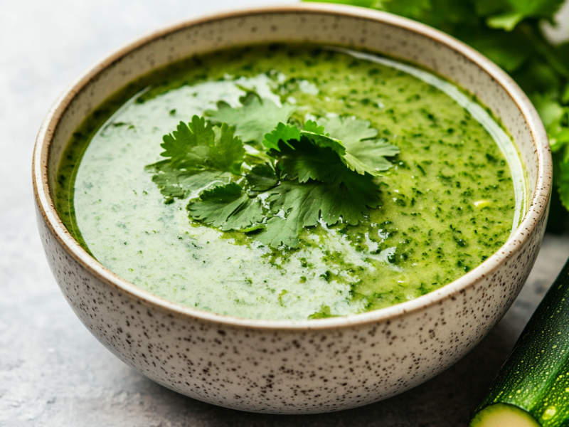 Eine Schüssel mit Zucchini-Gazpacho, garniert mit Koriander, daneben eine Zucchini und Koriander.