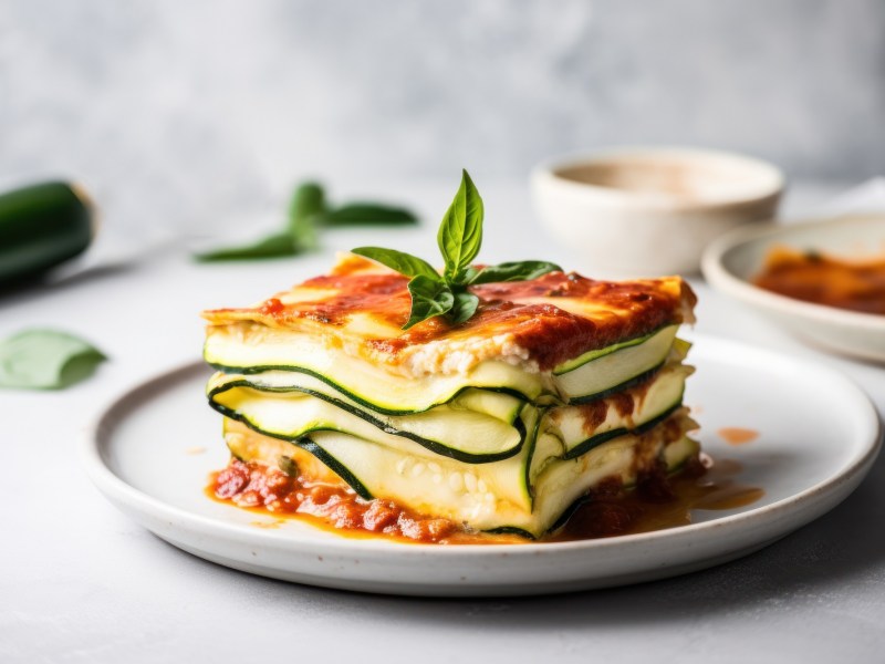 Zucchini-Lasagne mit Linsen auf einem Teller.