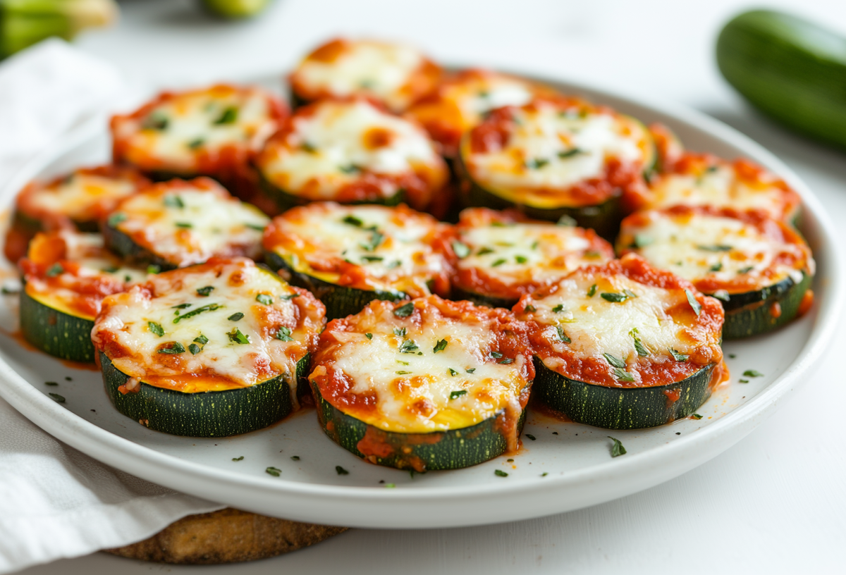 Zucchini-Pizza-Bites auf einem weißen Teller.