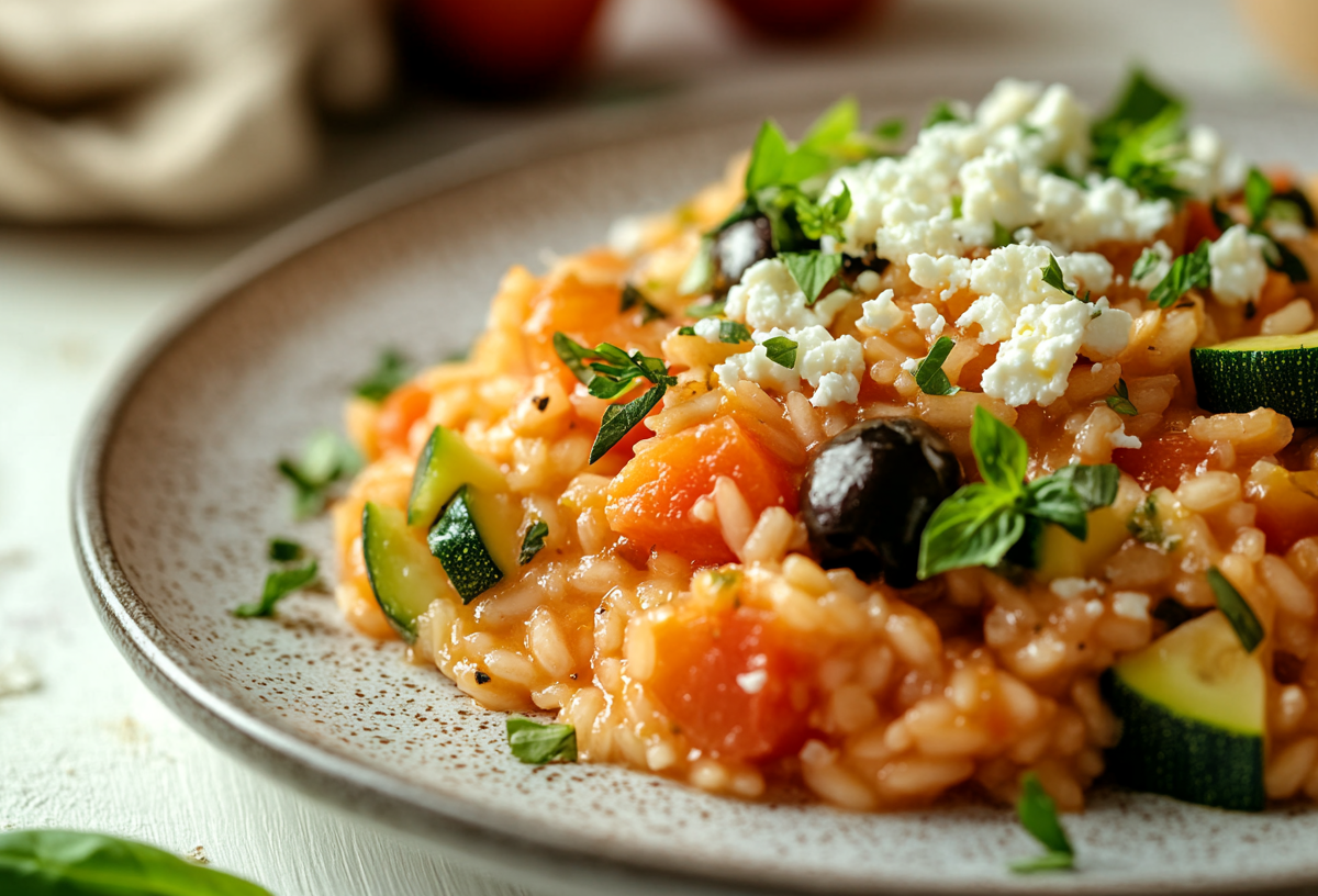 Roter Zucchini-Reis mit Feta und Oliven auf einem Teller, bestreut mit Petersilie, Nahaufnahme.