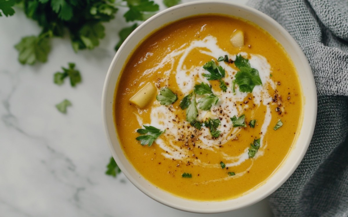 Eine Schüssel Apfel-Curry-Suppe in der Draufsicht.