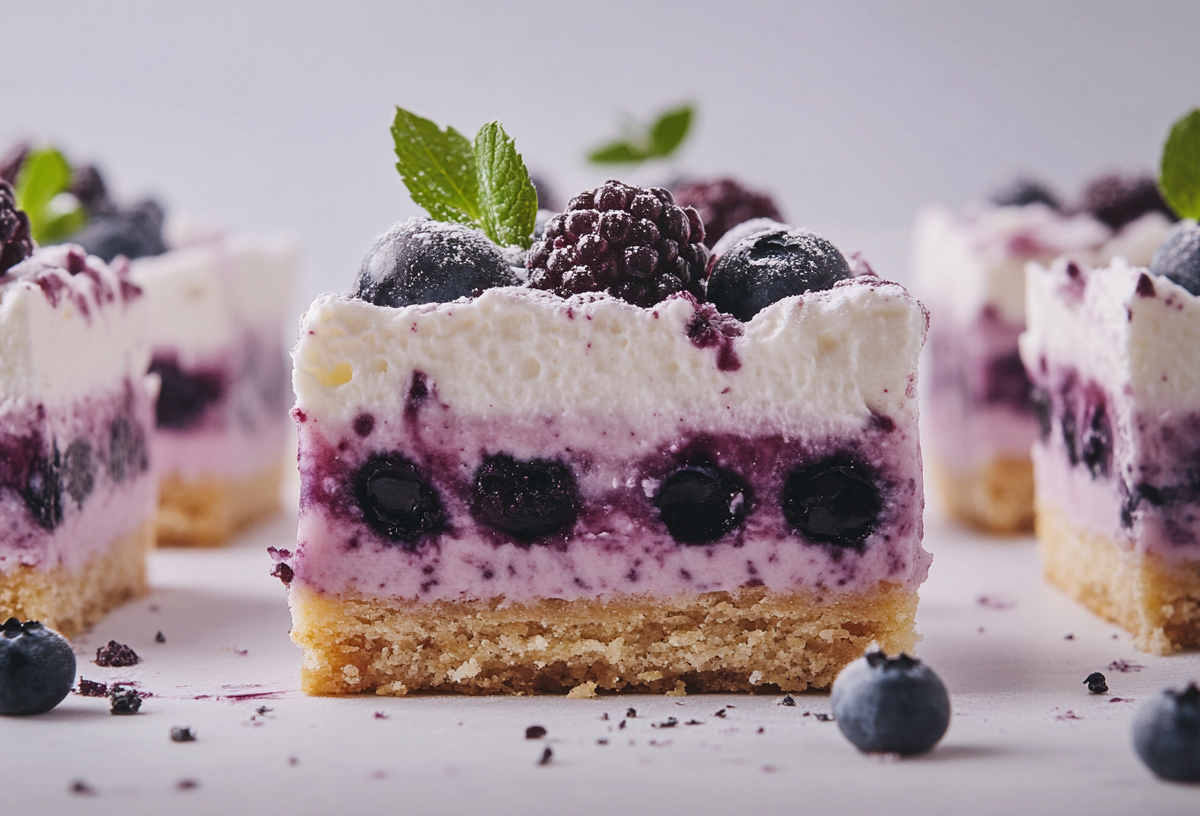 Blaubeer-Zitronen-Schnitten mit Biskuit, Blaubeer- und weiÃŸer Creme, garniert mit Beeren.