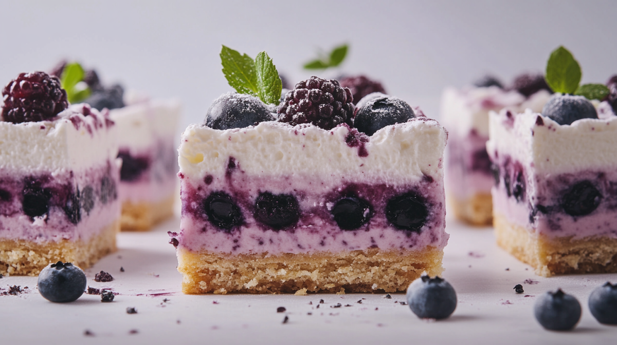 Blaubeer-Zitronen-Schnitten mit Biskuit, Blaubeer- und weißer Creme, garniert mit Beeren.