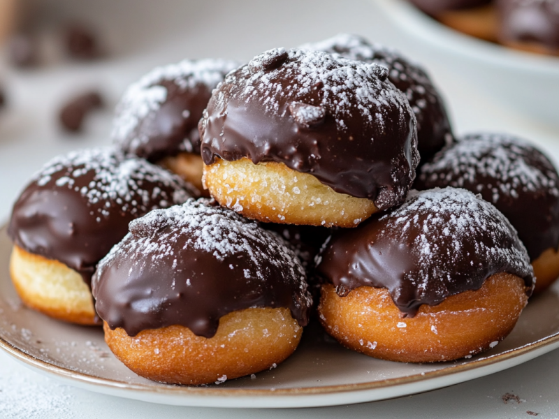 ein paar Boston Cream Donuts mit Schokoladenglasur auf einem Teller.