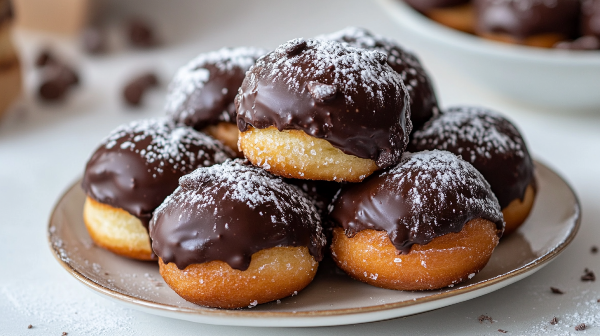 ein paar Boston Cream Donuts mit Schokoladenglasur auf einem Teller.