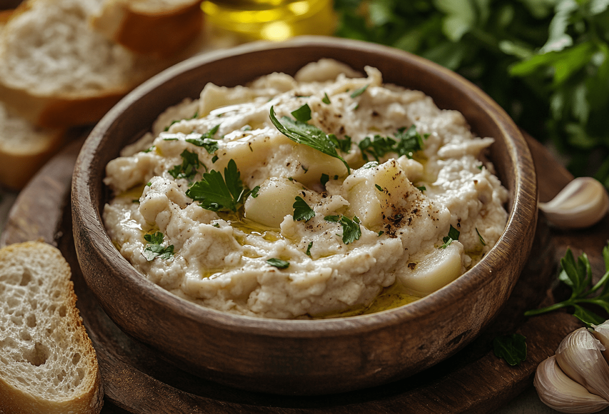 Brandacujun, italienische Fisch-Paste, in einer Holzschale.