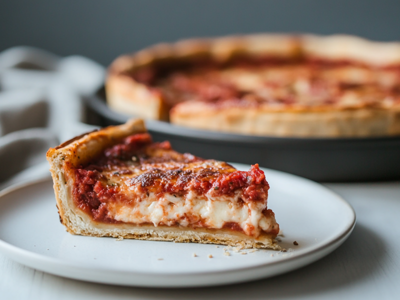 Ein Stück Chicago Deep Dish Pizza auf einem Teller, im Hintergrund unscharf die restliche Pizza und ein Geschirrtuch.