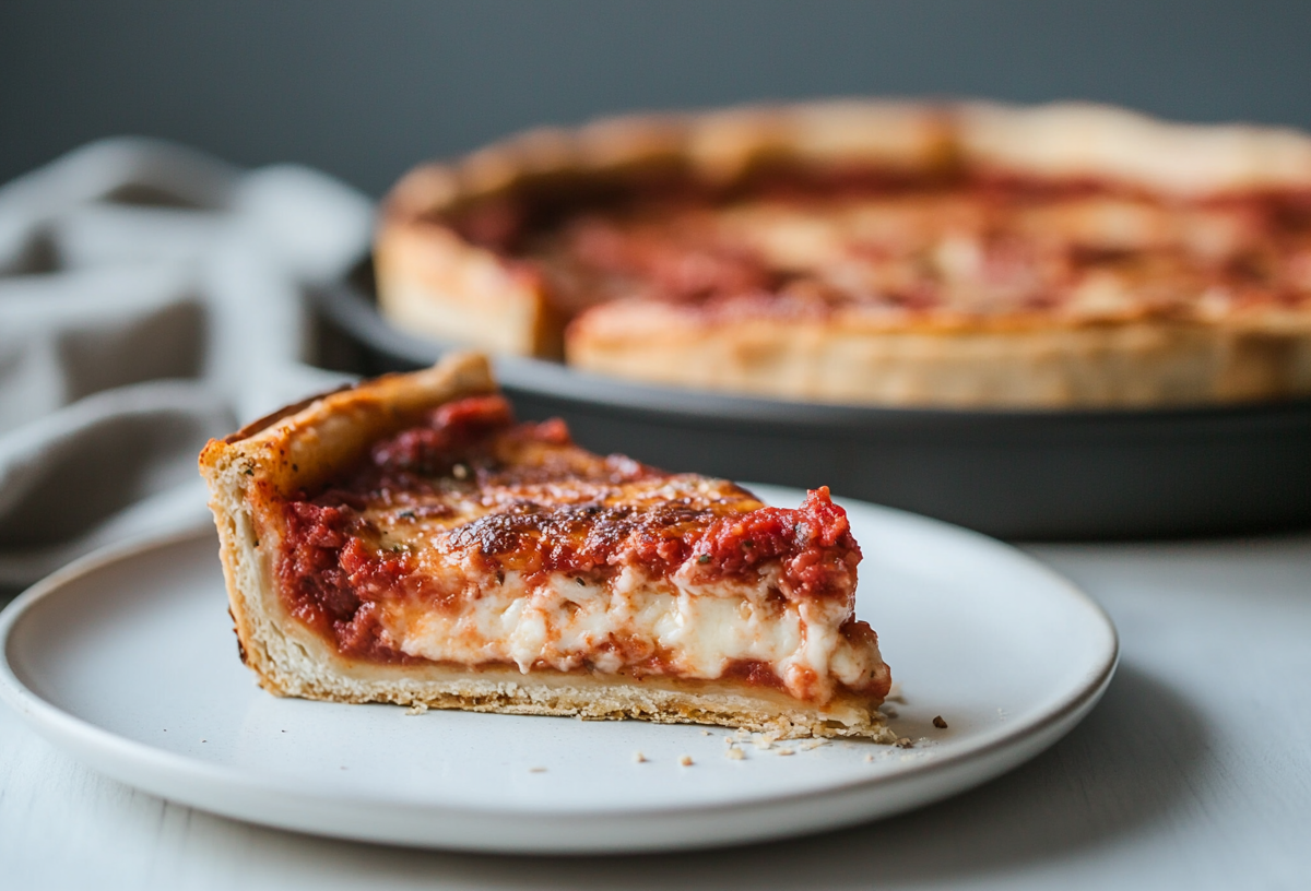 Ein StÃ¼ck Chicago Deep Dish Pizza auf einem Teller, im Hintergrund unscharf die restliche Pizza und ein Geschirrtuch.