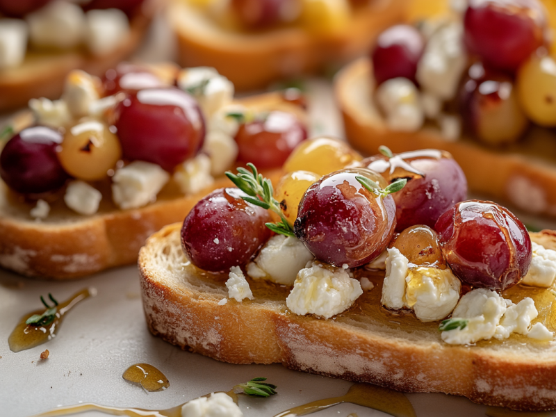 Mehrere Scheiben Feta-Trauben-Bruschetta mit Thymian und Honig.