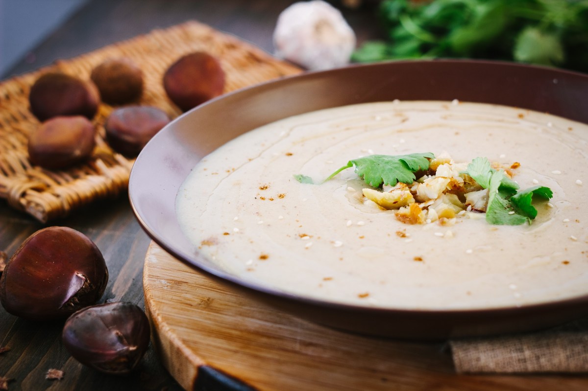 Ein Teller französische Maronensuppe garniert mit Maronen und Kräutern, drumherum Esskastanien.