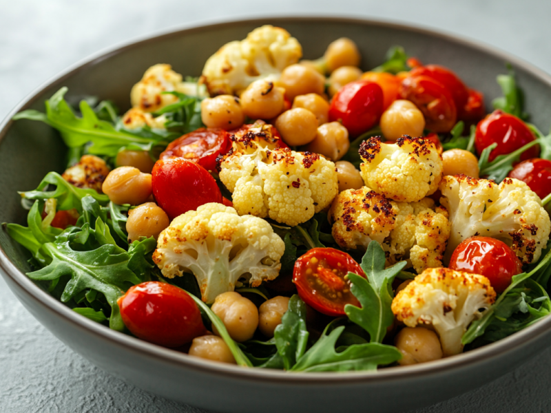 Eine Schale gerösteter Blumenkohl-Salat mit Kichererbsen, Tomaten und Rucola.