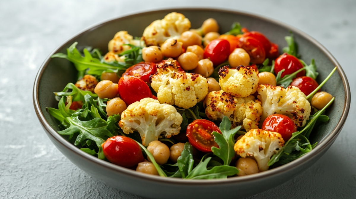 Eine Schale gerösteter Blumenkohl-Salat mit Kichererbsen, Tomaten und Rucola.