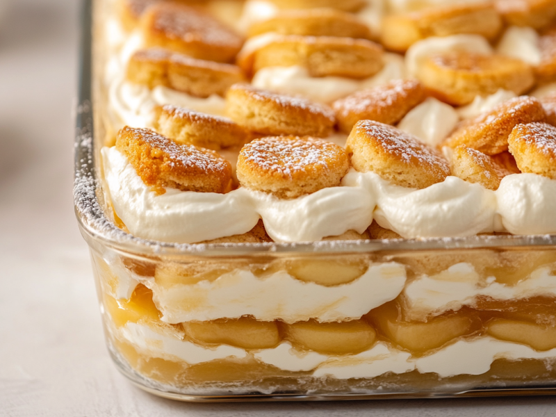 Herbst-Tiramisu mit Creme und Apfel in Auflaufform aus Glas.