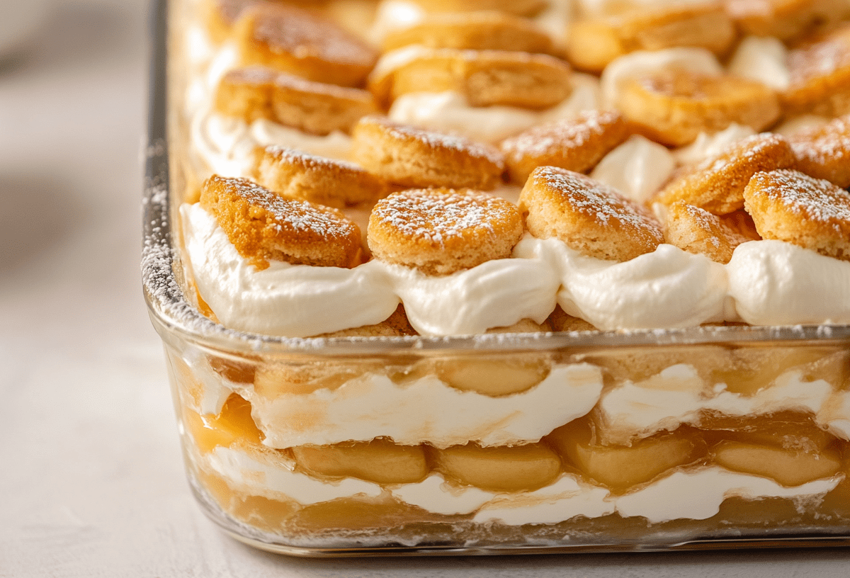 Herbst-Tiramisu mit Creme und Apfel in Auflaufform aus Glas.