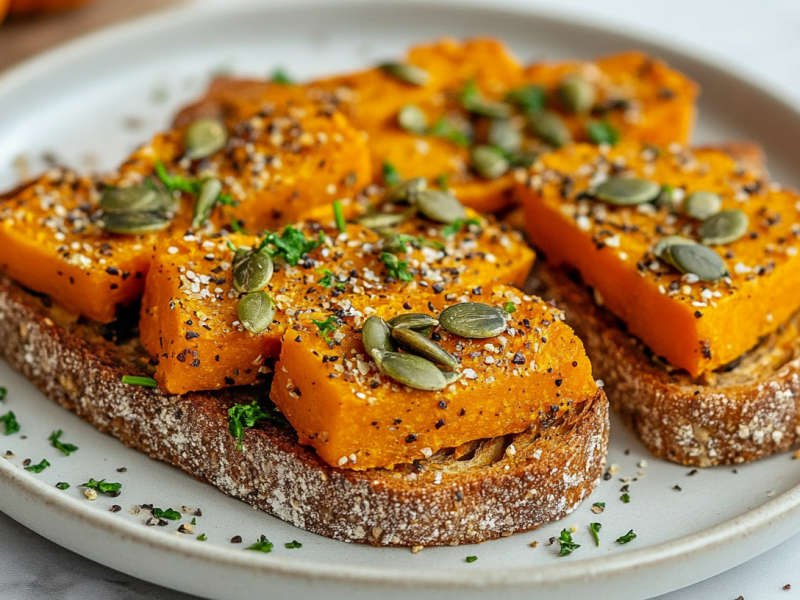 2 Kürbis-Toasts, bestreut mit Kürbiskernen, gehackten Nüssen und Kräutern, auf einem Teller.