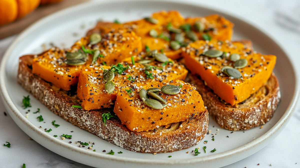 2 Kürbis-Toasts, bestreut mit Kürbiskernen, gehackten Nüssen und Kräutern, auf einem Teller.