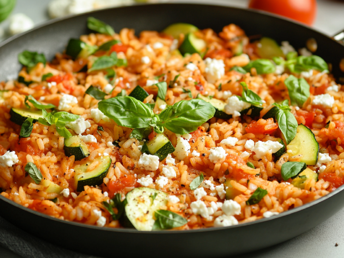 Mediterrane Reispfanne mit Zucchini und Feta