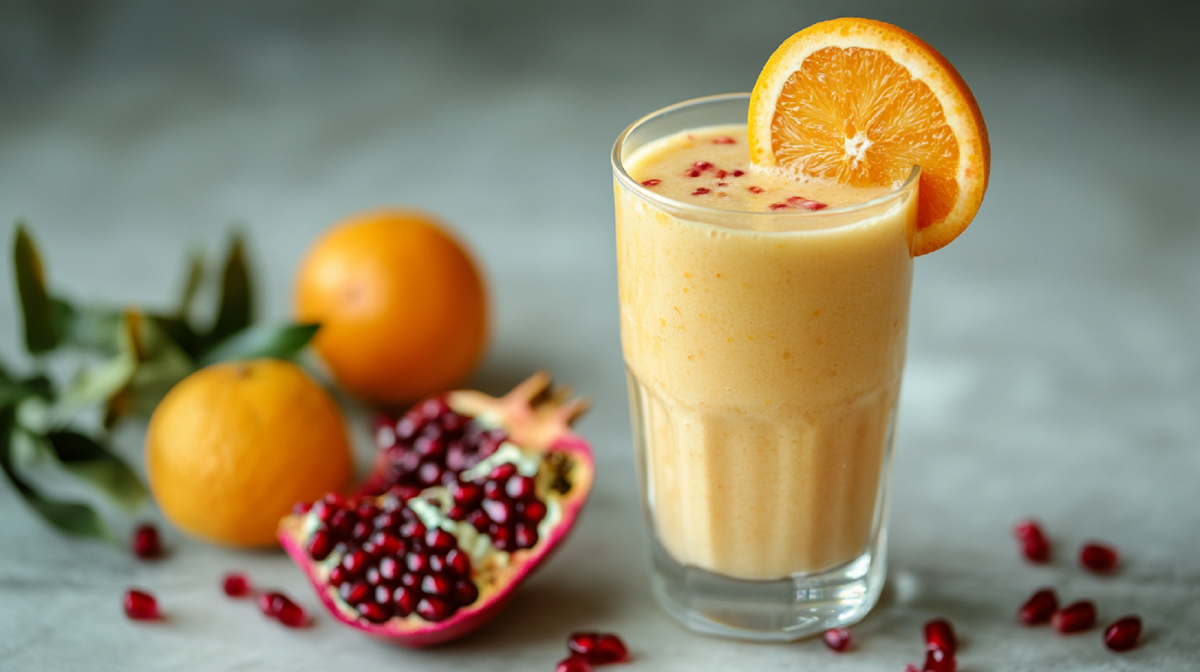 Glas mit Orangen-Granatapfel-Smoothie, Orangen und Granatapfel daneben