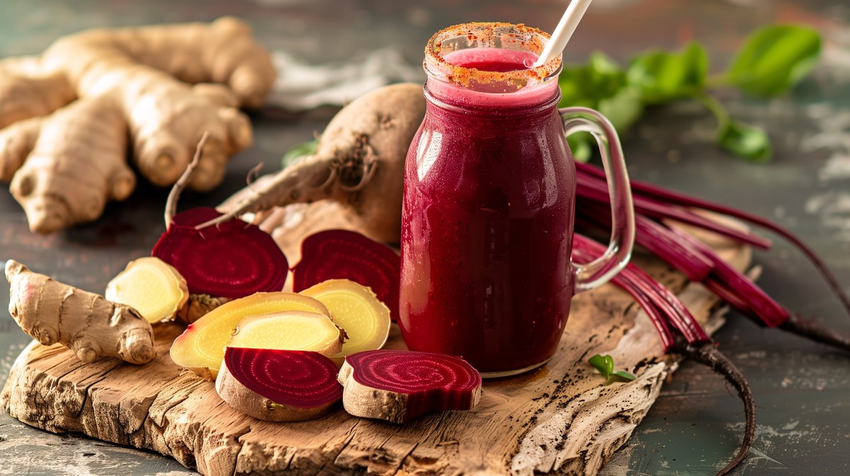 Glas Rote-Bete-Ingwer-Saft auf einem Brett, daneben Rote Bete und Ingwerknollen