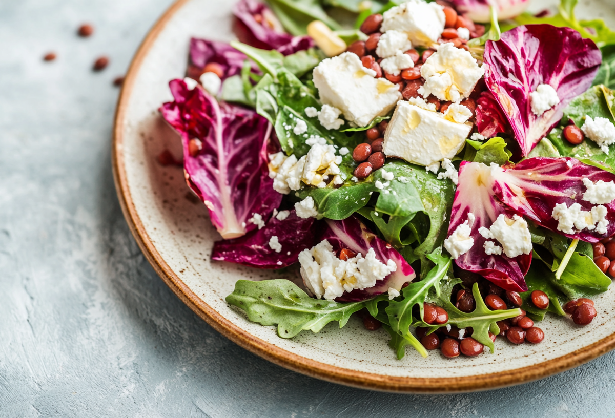 Ein Teller Rucola-Radicchio-Salat mit Linsen und Fetawürfeln. Nahaufnahme.