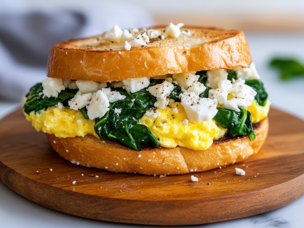 Rührei-Feta-Toast auf einem Brett