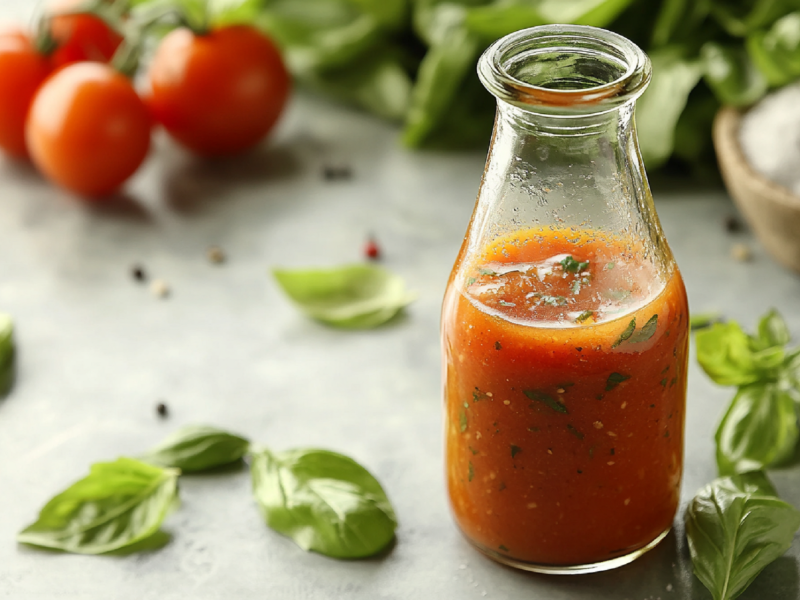 Flasche mit Tomaten-Basilikum-Vinaigrette