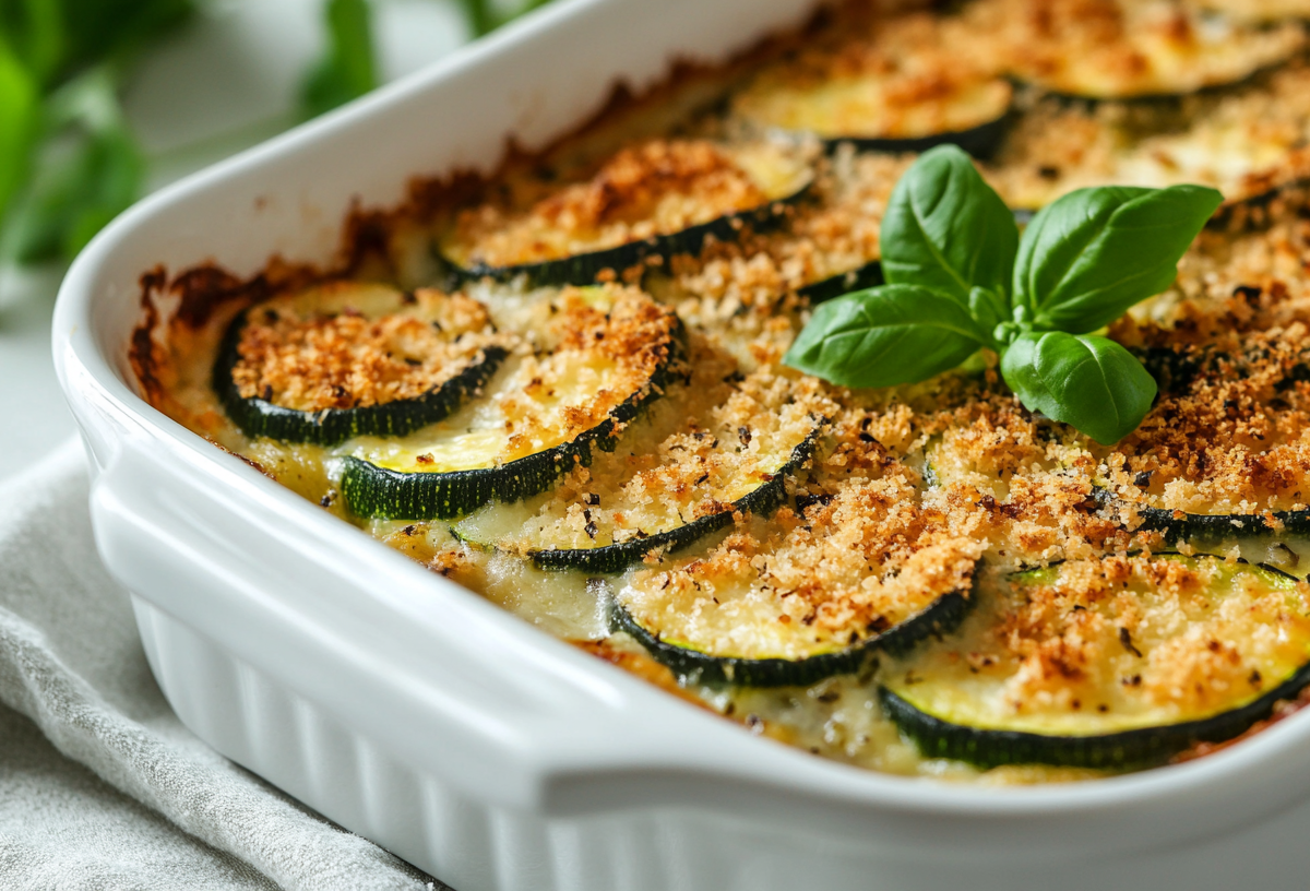 Zucchini-Gratin mit Semmelbröseln in weißer Auflaufform, Nahsicht.