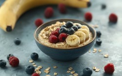 Eine Schale mit Bananen-Grießpudding. Drumherum liegen frische Beeren und Bananen.