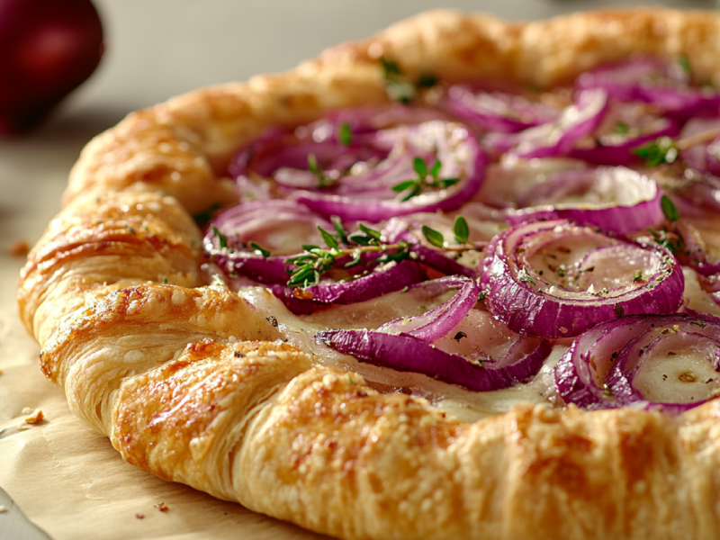 Blätterteig-Zwiebel-Galette auf einem Tisch