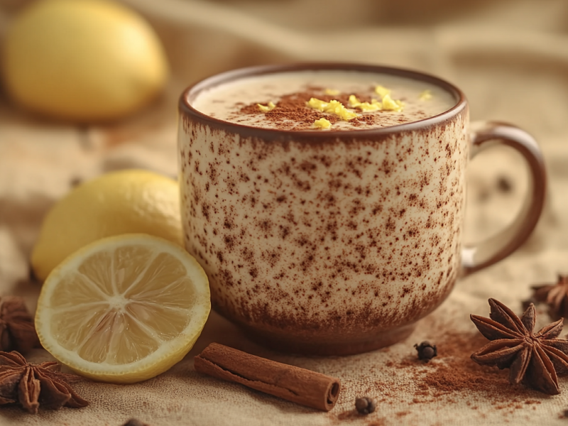 Eine Tasse Chai Latte mit Zitrone. Daneben liegen Gewürze.